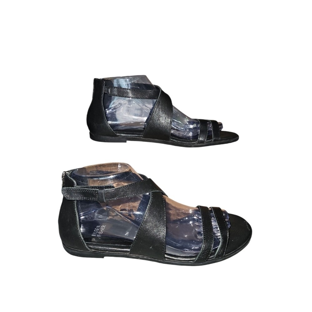Eileen Fisher‎ Black Leather Gladiator Sandals Back Zip Flat Strappy Shoes 8